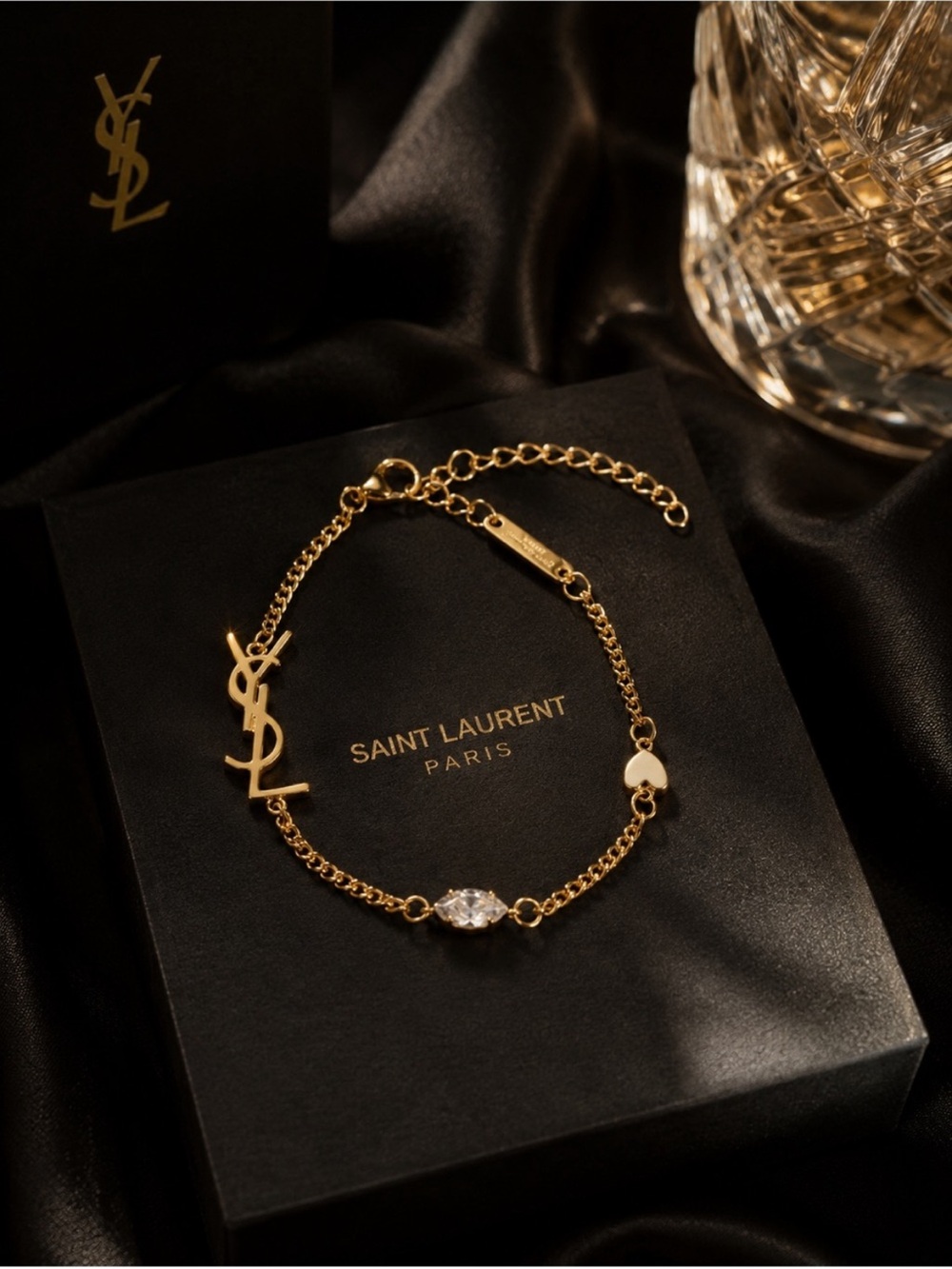 Gold YSL Logo Chain Bracelet with Clear Crystal Accent